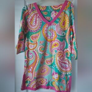 WB Womens S Pink Paisley Tunic Caftan Shirt Native Tribal Boho Bell 3/4 Sleeves